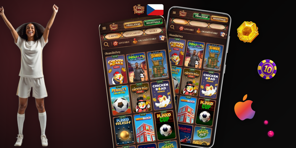 iPhone a iPad s Crazytower Casino iOS lobby v Safari a dialogem Přidat na plochu